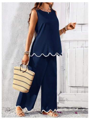 RoseSeek Women's Maternity 2 Piece Outfits Tank Top and Wide Leg Pants - color: Deep Blue, size: Large