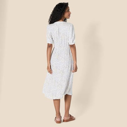 Amazon Essentials Women's Relaxed Fit Half-Sleeve Breathable Button Front Drawstring Waist Midi A-Line Dress with Pockets - color: Off White Micro Confetti Print, size: Small