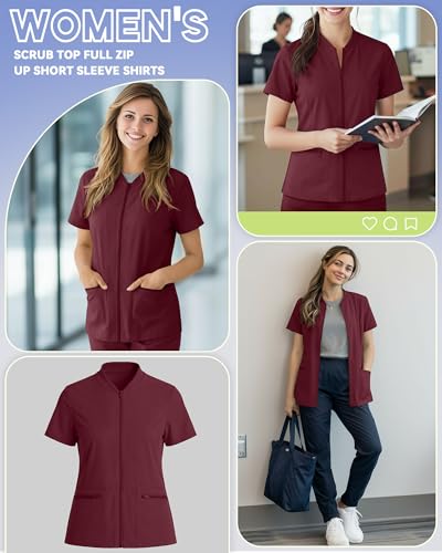 Oakgarden Womens Scrub Top Short Sleeve Nurse Shirts - color: Wine Red, size: Medium
