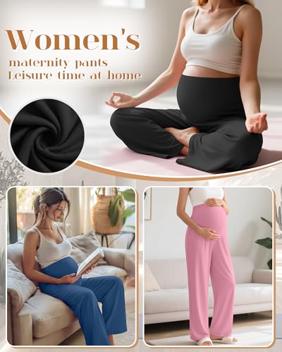 3 Pack Women's Maternity Lounge Pants with Pockets - color: Black, Blue, Pink, size: Large