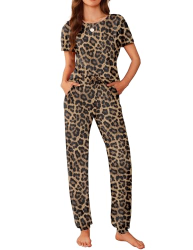Ekouaer Pajamas for Womens Set Soft 2 Piece Loungewear with Jogger Pants - color: Brown Leopard Print, size: Large