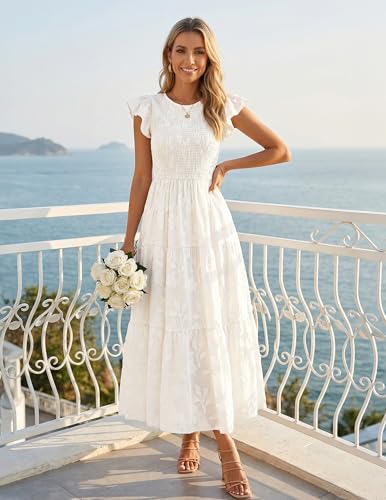 ZESICA Women's Summer Floral Boho Smocked Flowy Maxi Dress - color: White, size: Large