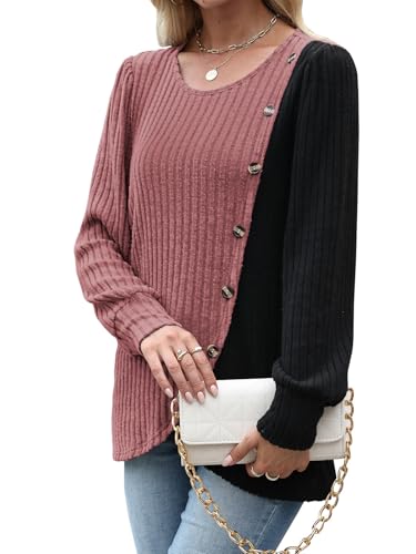 MixShe Womens Knit Sweaters 2026 Fall Winter Casual Long Sleeve Ribbed Colorblock Button Pullover Tops - color: Light Red, size: Medium
