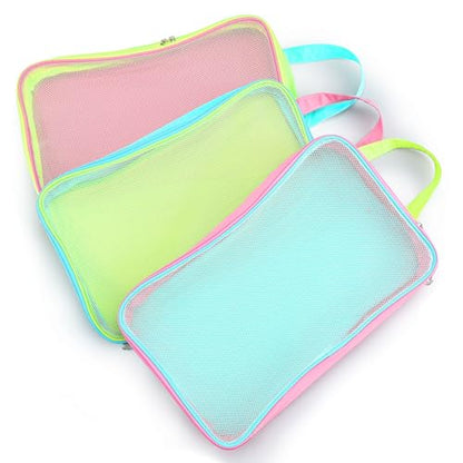 3 Pcs Mesh Packing Cubes for Suitcases, Foldable Pastel Travel