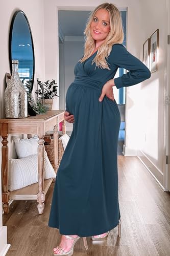 OUGES Women's Wrap Pregnancy Maxi V Neck Fall Baby Shower Maternity Dress - color: Gray Blue, size: Small
