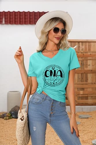 Nurse V Neck T Shirts for Women, Certified Nursing Assistant Tshirt - color: Aqua Blue, size: X-Large