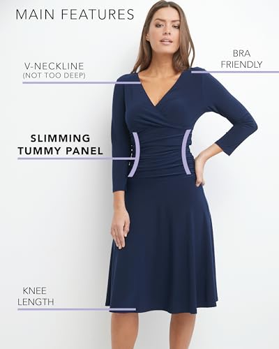 Rekucci Women's Slimming 3/4 Sleeve Fit-and-Flare Crossover Tummy Control Dress - color: Black, size: 8