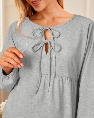 OUGES Womens Cotton Blend Maternity Pajama Sets Tie Front Loungewear Pregnancy Sleepwear Top & Long Pants with Pockets - color: Grey, size: Large