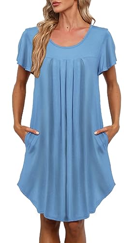 Womens Pleated Front Loose Fit Short Sleeve Nightgowns Sleep Dress - color: A-solid - Baby Blue, size: X-Large