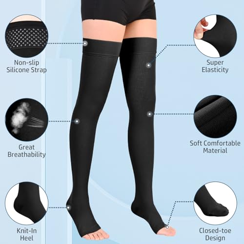 Athbavib 20-30 mmHg Thigh High Compression Stockings for Women Men - color: Open Toe-Black, size: Large