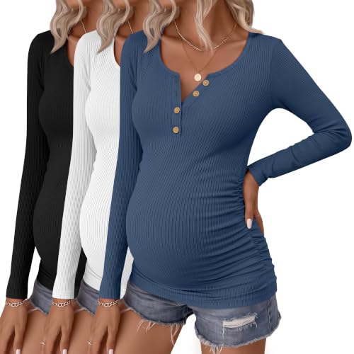 Huukeay 3 Pack Womens Maternity Long Sleeve Shirts Pregnancy Top - color: Haze Blue, White, Black, size: X-Large