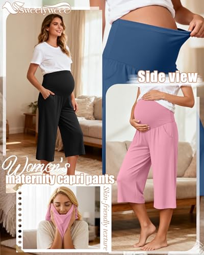 3 Pack Women's Maternity Capris - color: Black, Denim Blue, Pink, size: Large