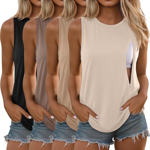4 Pack Women Nursing Tank Tops Breastfeeding - color: Beige, Ivory Apricot, Coffee, Black, size: X-Large