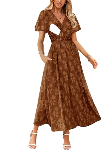 CzzzyL Women's Nursing Floral Dress V Neck Wedding Guest with Pockets - color: Brown, size: Medium