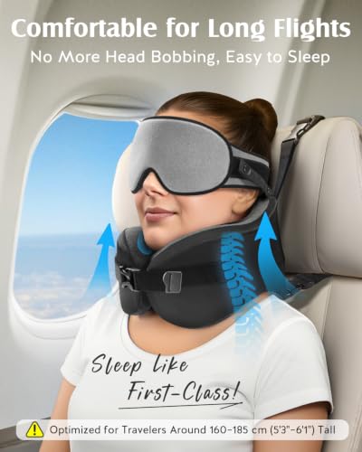 YFONG Travel Pillow with Head Support & Sleep Mask for Long Flights, Grey - color: Grey