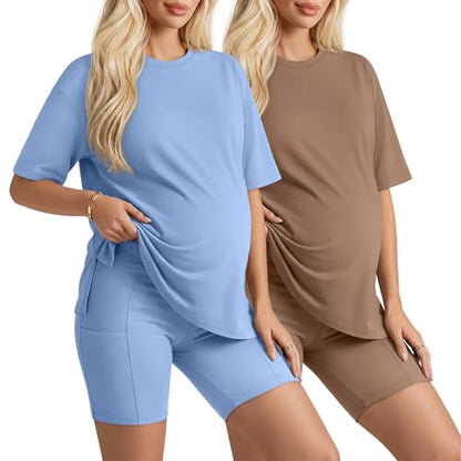 Huukeay 2 Pack Women Maternity Set Pregnancy Outfits - color: Sky Blue, Light Brown, size: Medium
