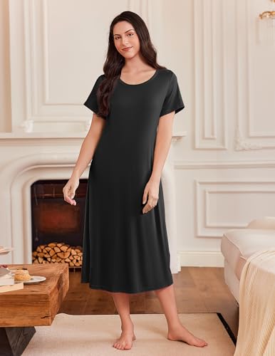 Ekouaer 3 Pack Long Nightgowns for Women Full Length Plus Size Nightshirt - color: Black,grey,leopard, size: X-Large