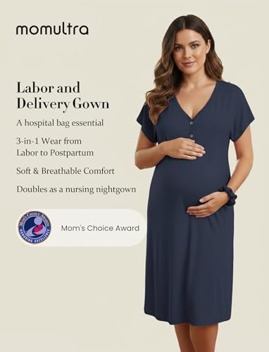 PATPAT Maternity Labor and Delivery Gown, Womens Hospital Gown with Pockets - color: Navy Blue, size: Medium (Fit S/M)
