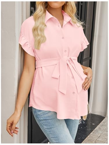 MakeMeChic Women's Maternity Nursing Work Blouse Pregnancy Ruffle Tops - color: Light Pink, size: Small
