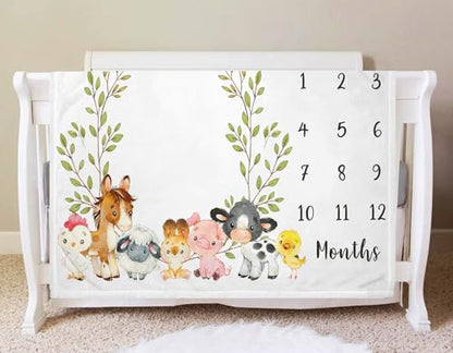 Farm Animals Milestone Blanket, Farm Baby Growth Chart Monthly Blanket