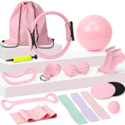 Pilates Equipment Kit for Women, Pink Ring Ball Bands, Home Workouts - color: 15PCS