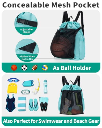 Drawstring Backpack with Shoe & Wet Compartments, Cup & Ball Holders, Green - color: Mint Green