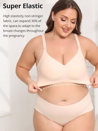 Jelly Support Wireless Nursing Bra V Neck Front Easy Open Clips Maternity Breastfeeding Bralette - color: Beige, size: Large