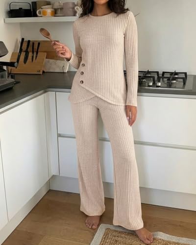 CHICME Womens 2 Piece Lounge Set Button Down Top Wide Leg Pants - color: A-apricot, size: X-Large