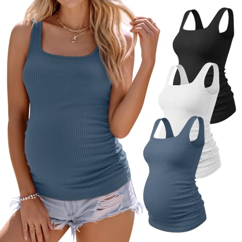 3 Pack Maternity Tank Tops Pregnancy Shirts - color: Gray Blue, White, Black, size: Large