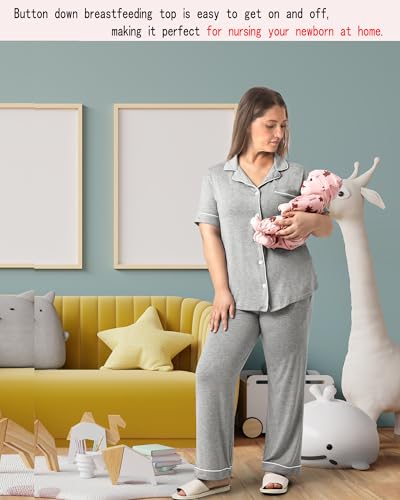 Rnxrbb Button Down Maternity Pajamas Set Nursing Postpartum Pjs Clothes - color: New-light Gray, size: X-Small