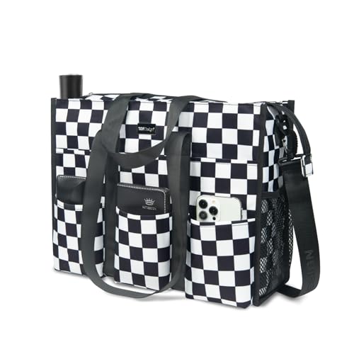TOPDesign Utility Water Resistant Tote Bag with 22 Pockets, Zipper Closure - color: Checkerboard, size: Large