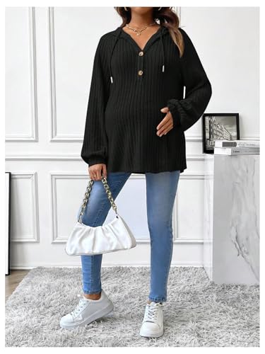 BEAUDRM Women's Maternity Half Button Sweatshirts Long Sleeve Ribbed Knit Pregnancy Shirt Spring Clothes - color: Black, size: Medium