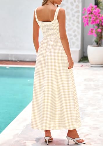 PRETTYGARDEN Women's Summer Gingham Maxi Long Dress - color: Beige, size: Medium