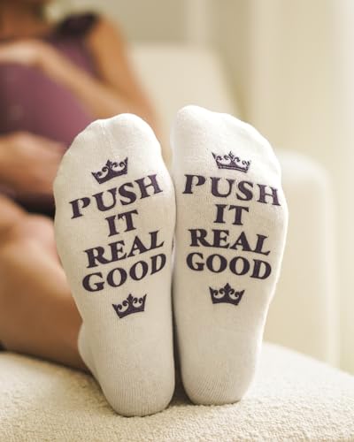 Kindred Bravely Labor and Delivery Inspirational Fun Non Skid Socks for Maternity and Pregnancy - color: Navy Blue - Push It