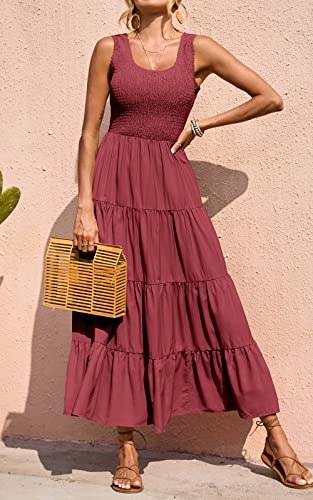 PRETTYGARDEN Women's Smocked Tank Casual Plain Maxi Sundress with Pockets - color: Bean Paste Red, size: Large