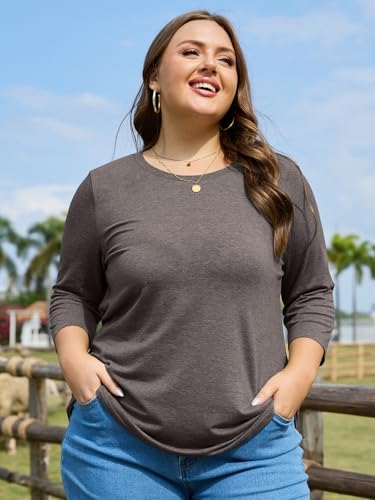 ZDC Womens Plus Size Shirts 3/4 Sleeve Tops Casual Crew Neck Blouse - color: Brown, size: XX-Large