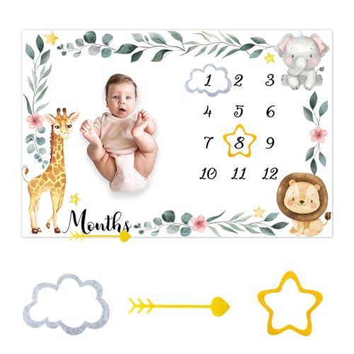 Jungle Animals Baby Monthly Milestone Blanket Flowers Plants Surrounded