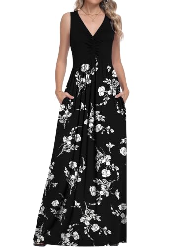 MUSE SHOW Maxi Dresses for Women 2026 Sleeveless Summer Dress with Pockets - color: Charcoal White Bloom, size: Medium