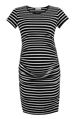 Smallshow Women's Short Sleeve Maternity Dress Ruched Pregnancy Clothes - color: Black Stripe, size: Medium