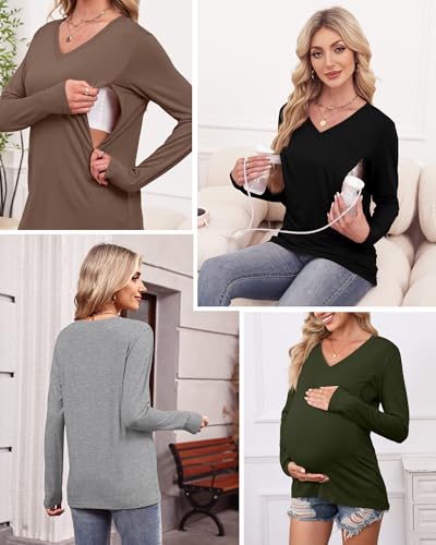 4 Pack Women's Long Sleeve Nursing Maternity Shirts - color: Black, Light Gray, Mocha, Army Green, size: Small