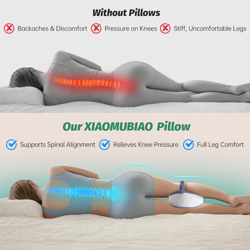 Leg & Knee Memory Foam Support Pillow for Side Sleepers, Cooling Cushion for Side Sleeping, Knee Pain Relief, Orthopedic Leg Pillow with Adjustable Strap, Removable Washable Blue and White Cover