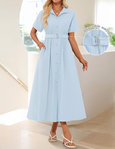ZESICA Women's Summer Button Down Short Sleeve Midi Dress - color: Lightblue, size: X-Large