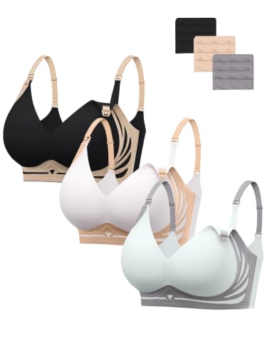 HBselect Nursing Bras for Breastfeeding 3 Pack Women Maternity Jelly Bras - color: A: 3pack(black/Nude/Gray Blue), size: Large