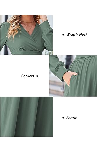 OUGES Women's Wrap Pregnancy Maxi V Neck Fall Baby Shower Maternity Dress - color: Gray Green, size: Medium