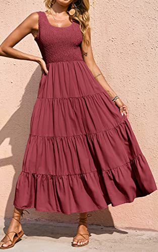 PRETTYGARDEN Women's Smocked Tank Casual Plain Maxi Sundress with Pockets - color: Bean Paste Red, size: Large