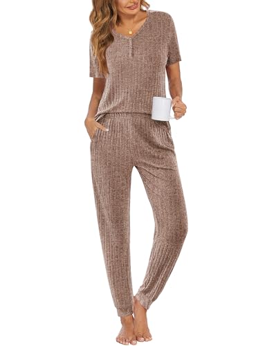 Ekouaer Pajama Sets for Womens 2 Piece Jogger Pants Lounge Set - color: Brown, size: Medium