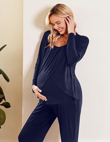 Ekouaer Maternity Nursing Pajama Set Long Sleeve Breastfeeding Sleepwear - color: Navy Blue, size: X-Large