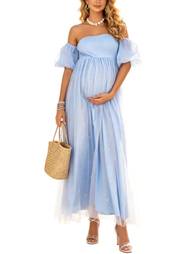 Maternity Dress Off Shoulder Puff Sleeve Baby Shower Dress - size: X-Large