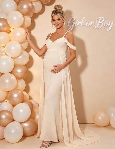 Maternity Maxi Dress Off Shoulder Strap Chiffon Baby Shower Gown - size: Small