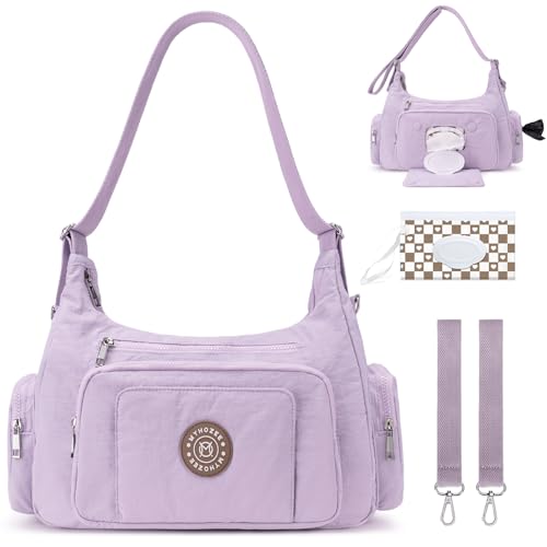 MYHOZEE Puffer Crossbody Diaper Bag for Mom - Lightweight Nylon Mom Bag Baby Purse with Wipes & Trash Bag Dispenser - color: Purple